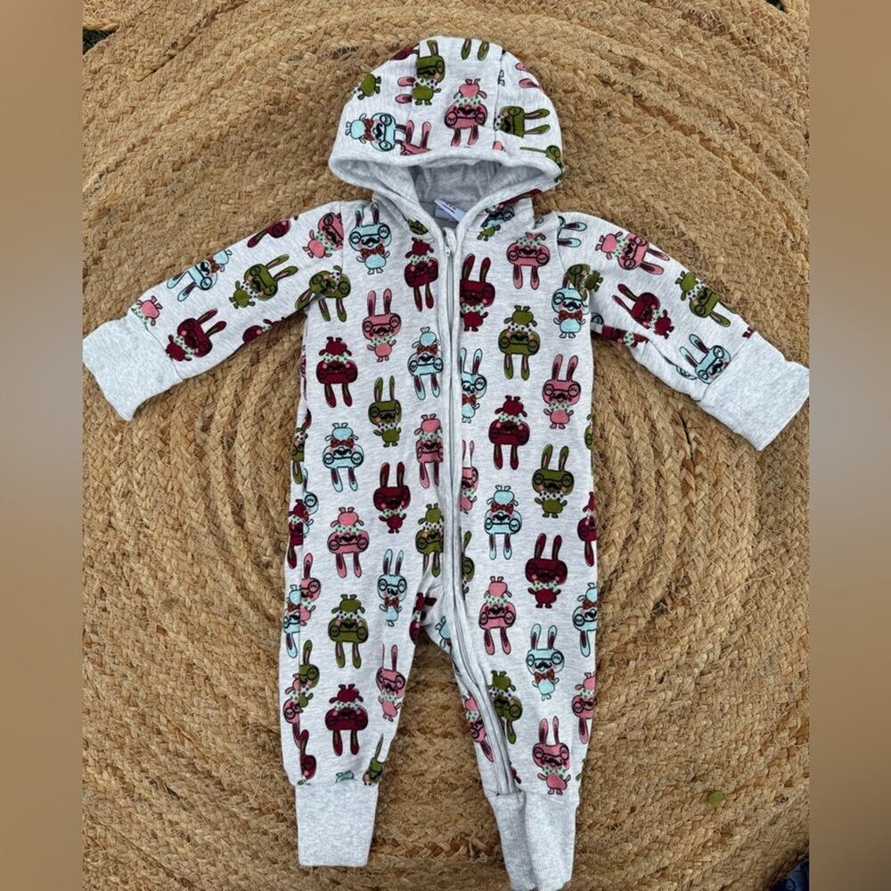Polarn O. Pyret Infant 4-6 Months One Piece Printed Rabbits Cotton Hood Sweden